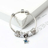 Women's Jewellery: Women Silver Plated Bracelet Snake Chain with Classic Bead Barrel Clasp and Blue Star Pendant(20cm)
