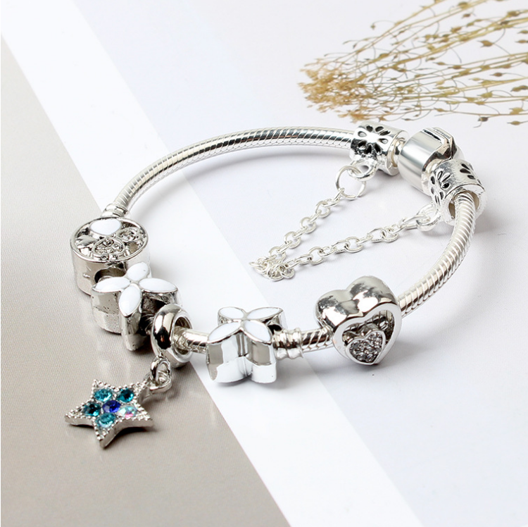Women's Jewellery: Women Silver Plated Bracelet Snake Chain with Classic Bead Barrel Clasp and Blue Star Pendant(20cm)