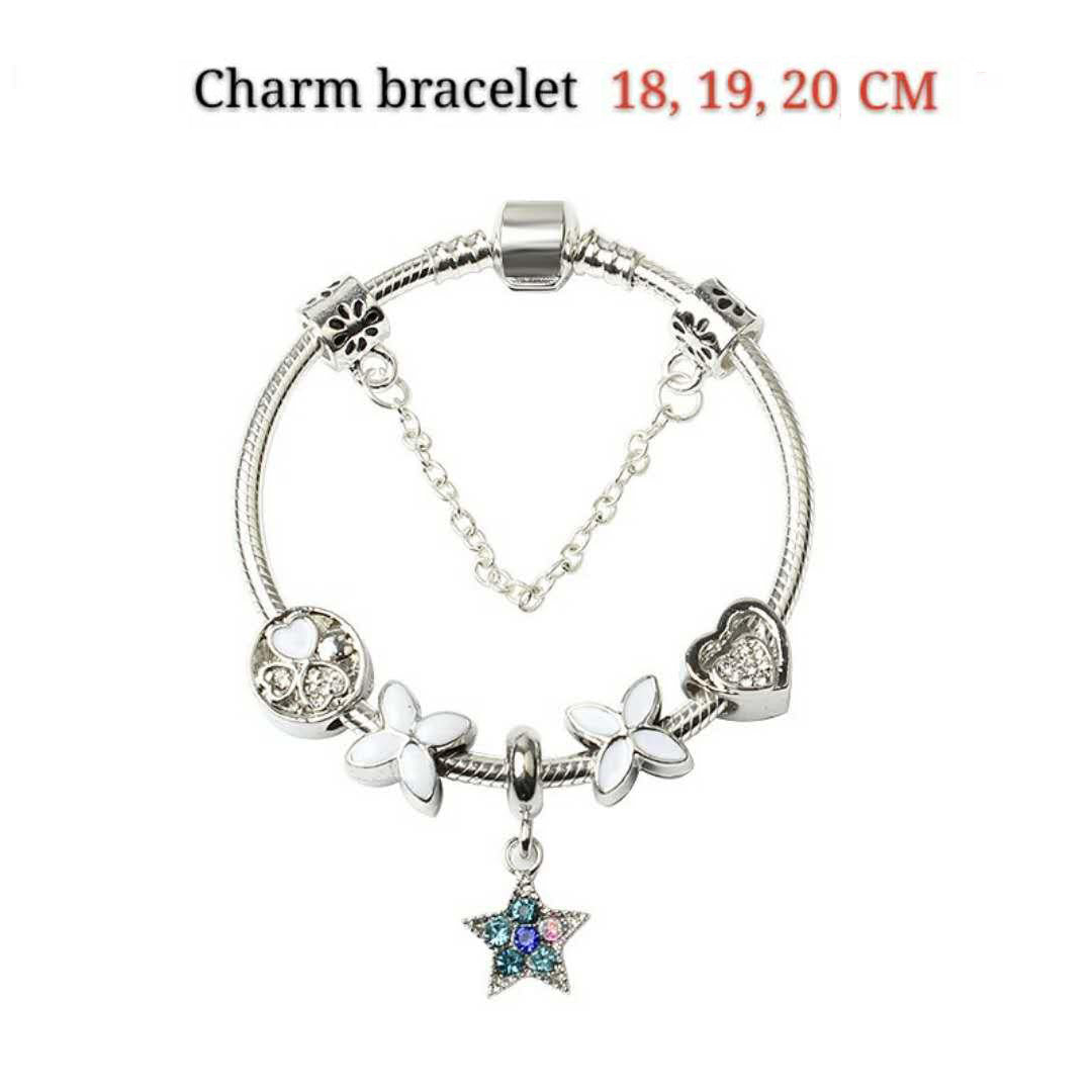 Women's Jewellery: Women Silver Plated Bracelet Snake Chain with Classic Bead Barrel Clasp and Blue Star Pendant(20cm)