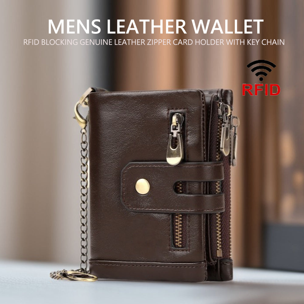 Men's Accessories: Men's Genuine Leather Wallet RFID Blocking Retro Bifold Zipper Card Holder with Key Chain