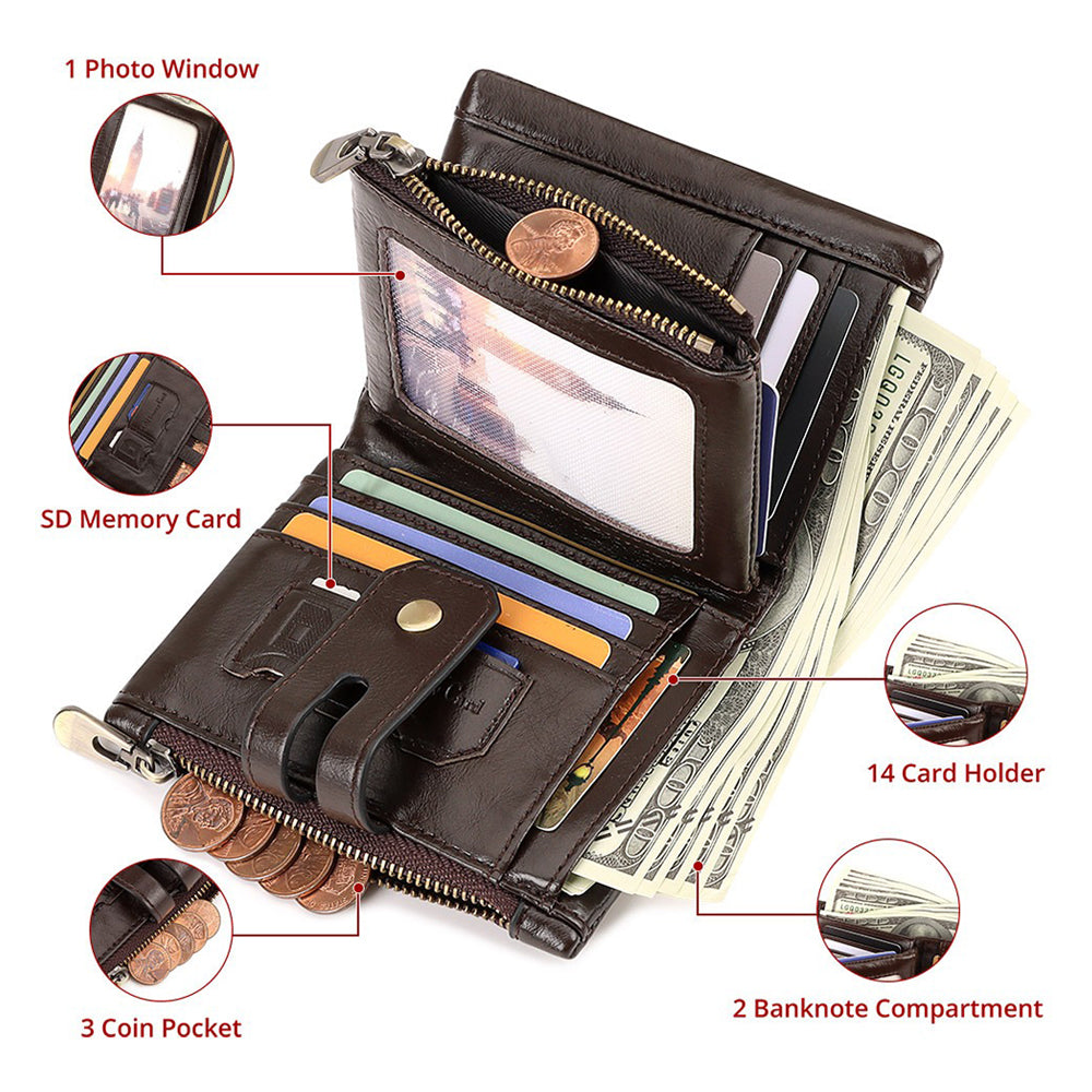 Men's Accessories: Men's Genuine Leather Wallet RFID Blocking Retro Bifold Zipper Card Holder with Key Chain