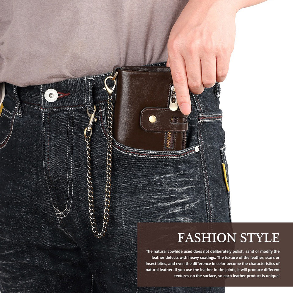 Men's Accessories: Men's Genuine Leather Wallet RFID Blocking Retro Bifold Zipper Card Holder with Key Chain