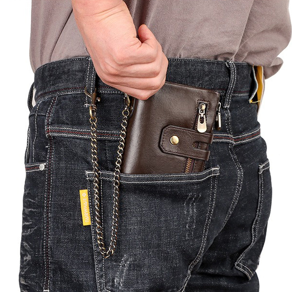 Men's Accessories: Men's Genuine Leather Wallet RFID Blocking Retro Bifold Zipper Card Holder with Key Chain