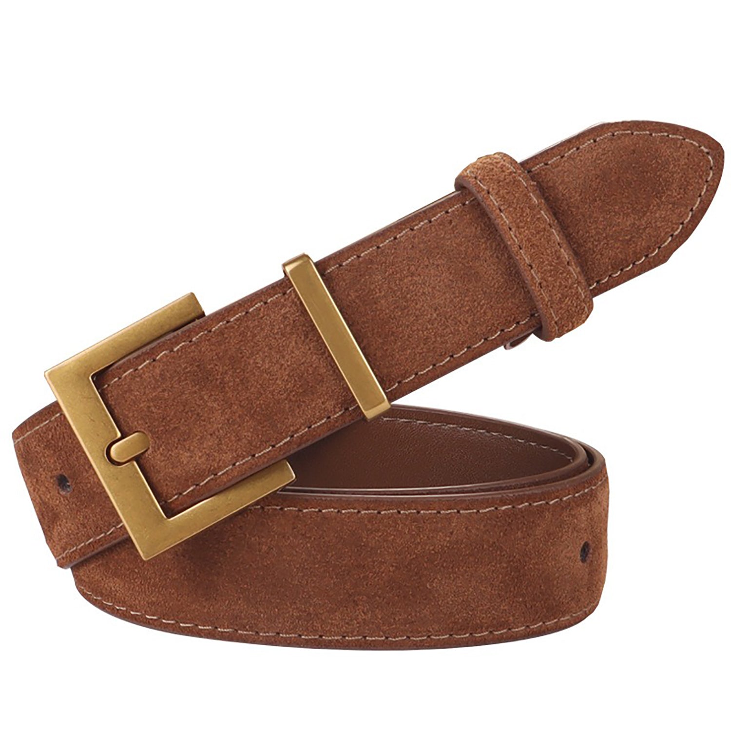 Women's Accessories: Women's Genuine Suede Leather Belt Classic Pin Buckle Cowhide Belts (Caramel)