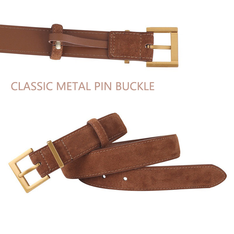 Women's Accessories: Women's Genuine Suede Leather Belt Classic Pin Buckle Cowhide Belts (Caramel)