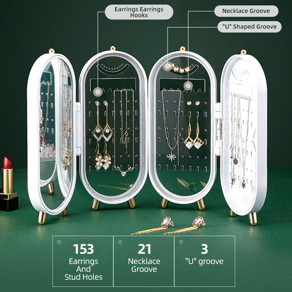 Makeup Organisation & Storage: Jewellery Storage Box Earrings Display Necklace Organizer 4 Doors Foldable Screen (White)