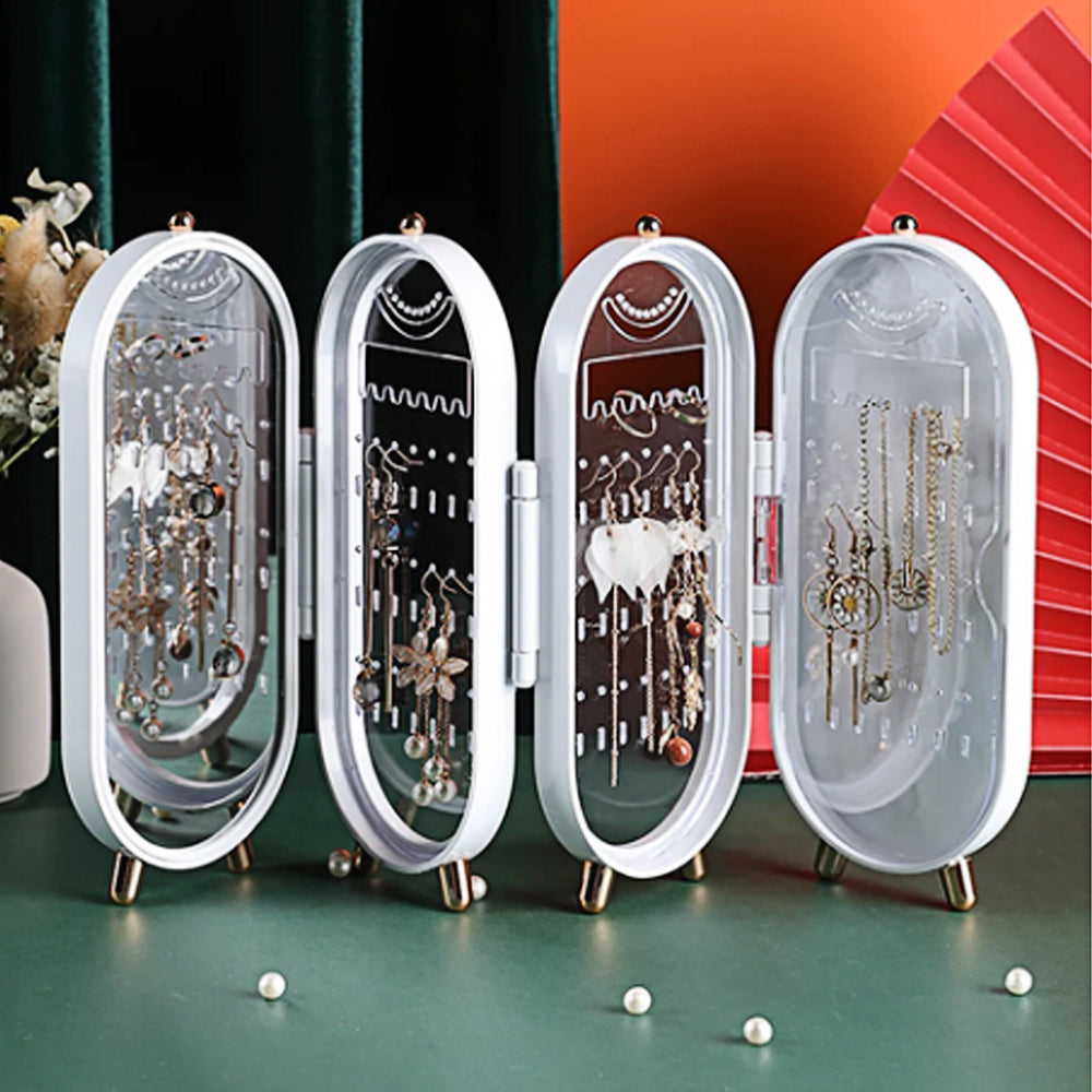 Makeup Organisation & Storage: Jewellery Storage Box Earrings Display Necklace Organizer 4 Doors Foldable Screen (White)