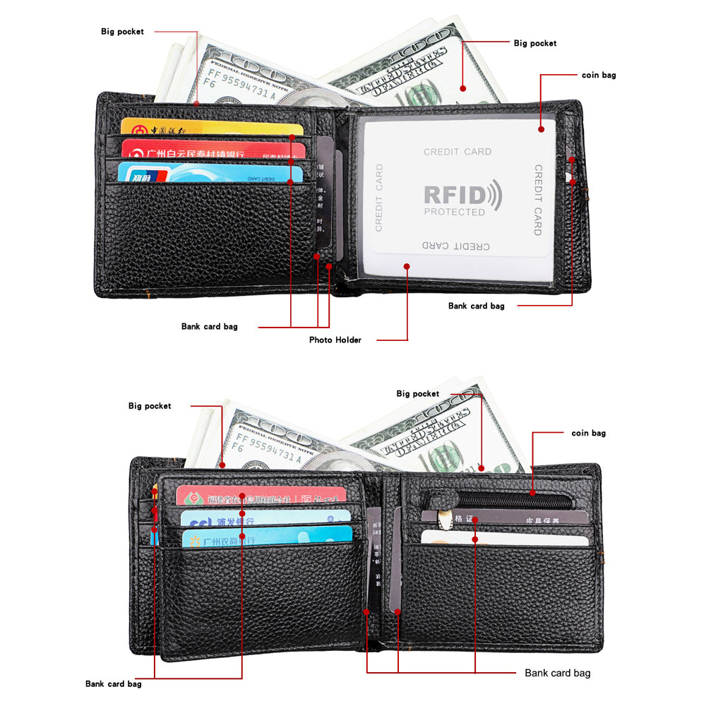 Men's Accessories: Men's Genuine Leather Bilfold Wallet RFID Blocking Card Holder Zipper Coin Purse