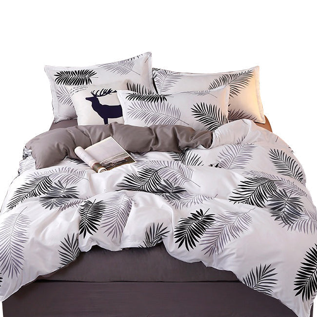 Bed Sheets: Palm Leaves Pattern Aloe Cotton Flat Sheet Quilt Cover Pillowcases 4pcs Bedding Set (King)