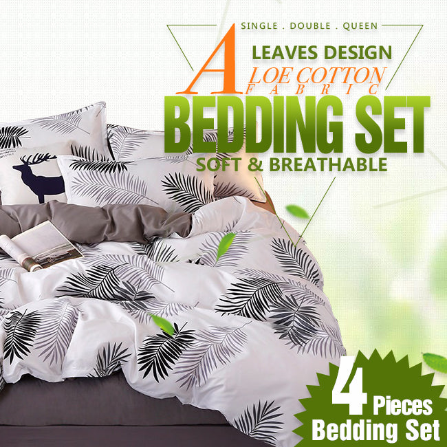 Bed Sheets: Palm Leaves Pattern Aloe Cotton Flat Sheet Quilt Cover Pillowcases 4pcs Bedding Set (King)