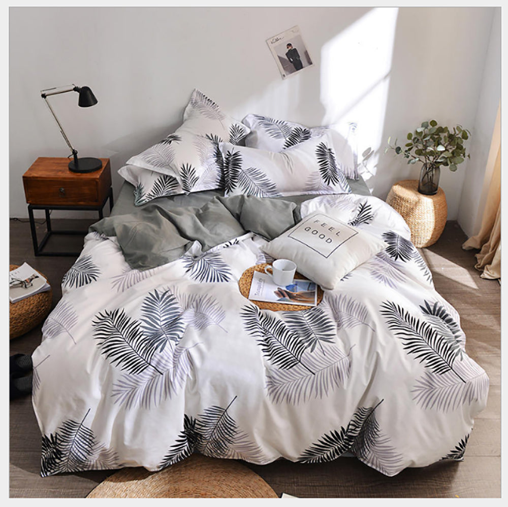 Bed Sheets: Palm Leaves Pattern Aloe Cotton Flat Sheet Quilt Cover Pillowcases 4pcs Bedding Set (King)