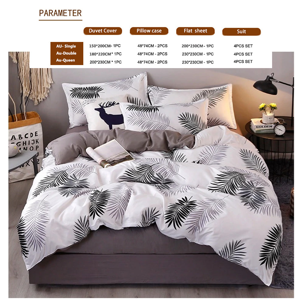 Bed Sheets: Palm Leaves Pattern Aloe Cotton Flat Sheet Quilt Cover Pillowcases 4pcs Bedding Set (King)