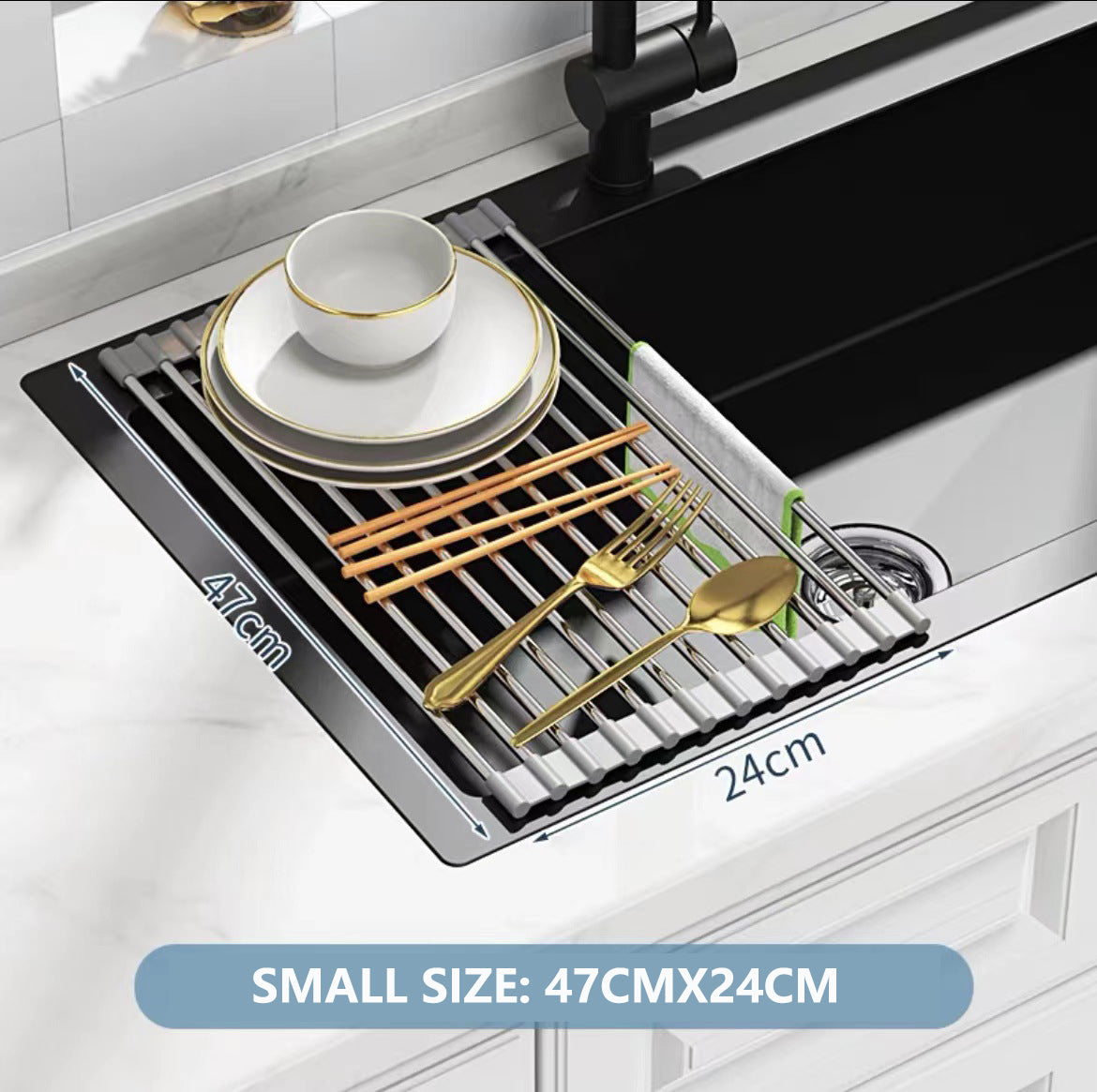 Kitchen & Bathroom DIY: Kitchen Roll-Up Dish Drying Rack Foldable Drainer Over Sink 304-Stainless Steel(Small:47*24cm)