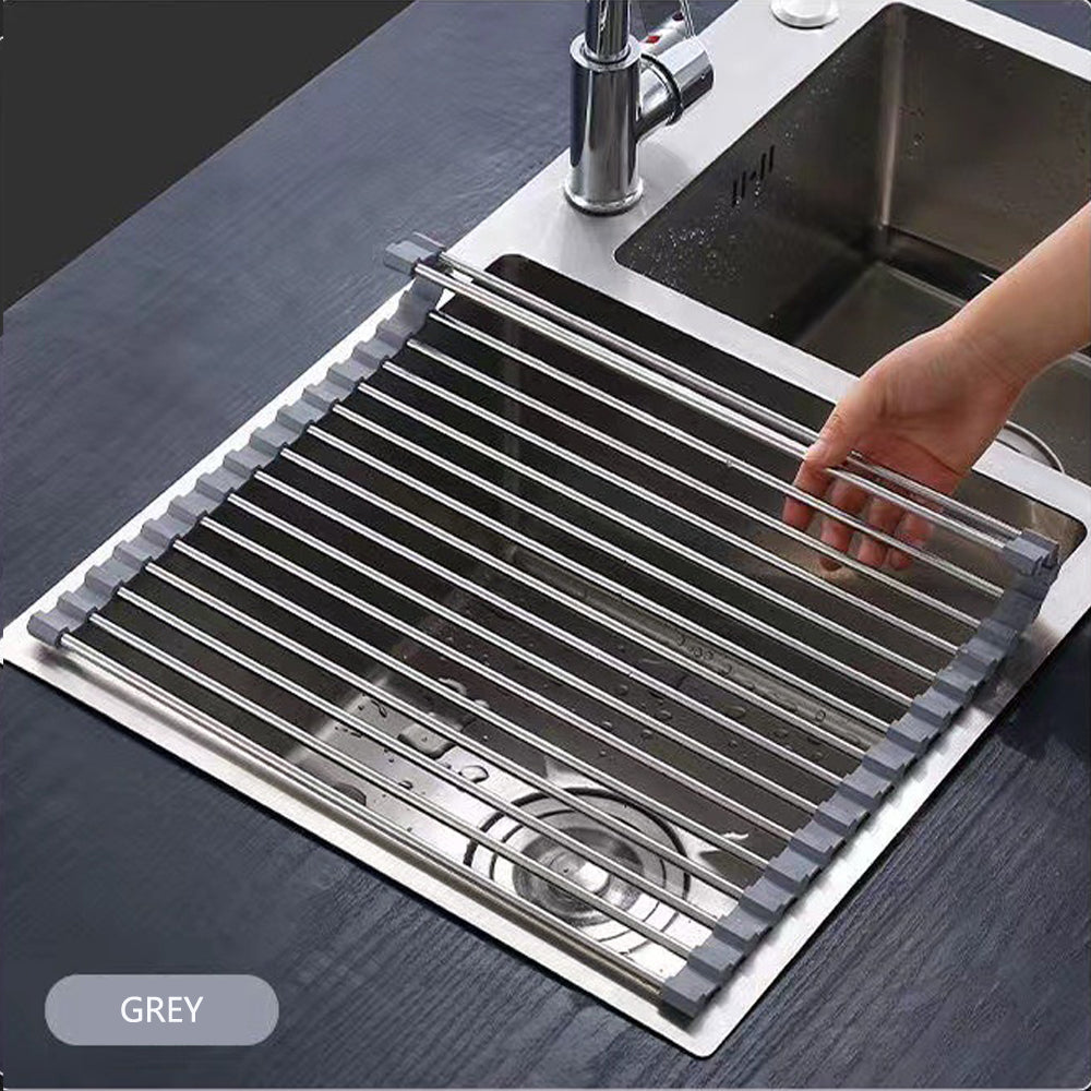 Kitchen & Bathroom DIY: Kitchen Roll-Up Dish Drying Rack Foldable Drainer Over Sink 304-Stainless Steel(Small:47*24cm)