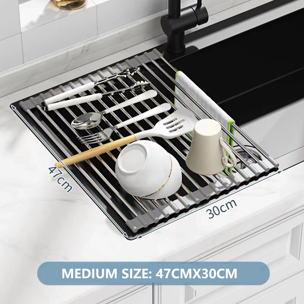 Kitchen & Bathroom DIY: Kitchen Roll-Up Dish Drying Rack Foldable Drainer Over Sink 304-Stainless Steel(Medium:47*30cm)