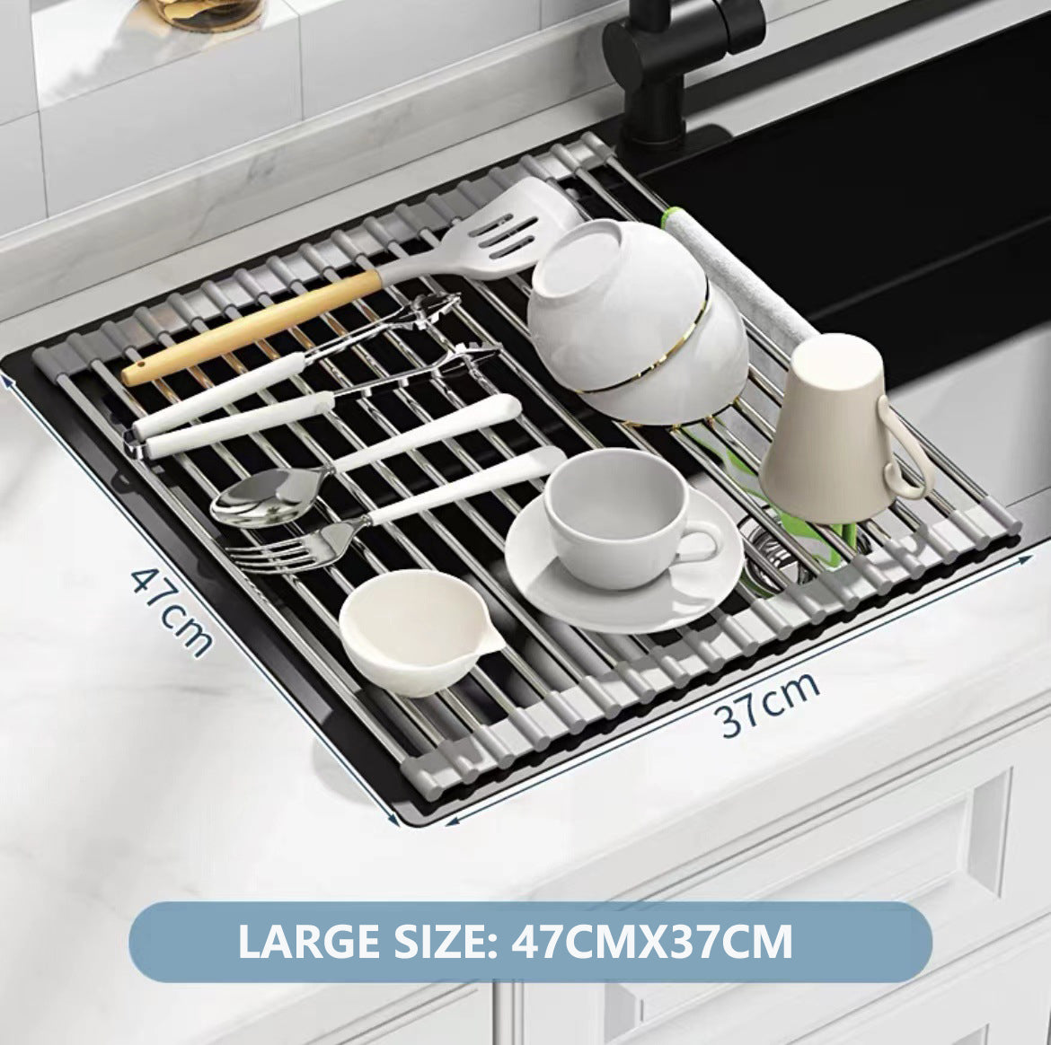 Kitchen & Bathroom DIY: Kitchen Roll-Up Dish Drying Rack Foldable Drainer Over Sink 304-Stainless Steel(Large:47*37cm)