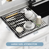 Kitchen & Bathroom DIY: Kitchen Roll-Up Dish Drying Rack Foldable Drainer Over Sink 304-Stainless Steel(Large:47*37cm)