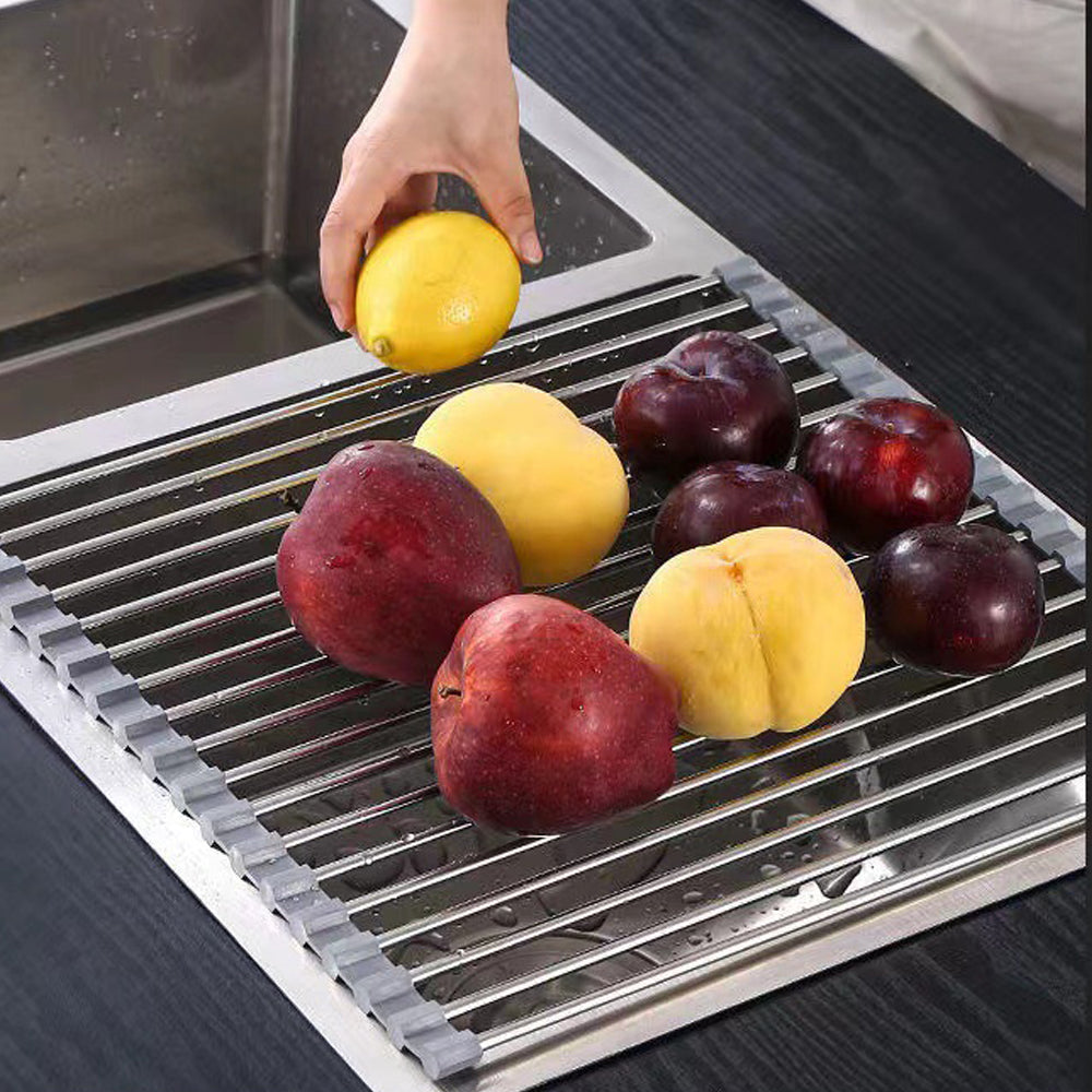 Kitchen & Bathroom DIY: Kitchen Roll-Up Dish Drying Rack Foldable Drainer Over Sink 304-Stainless Steel(Large:47*37cm)
