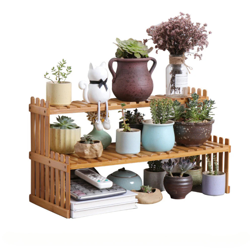 Pots, Planters & Accessories: 2 Tier Bamboo Plant Stand Shelves Flower Pot Rack Garden Indoor Outdoor Patio
