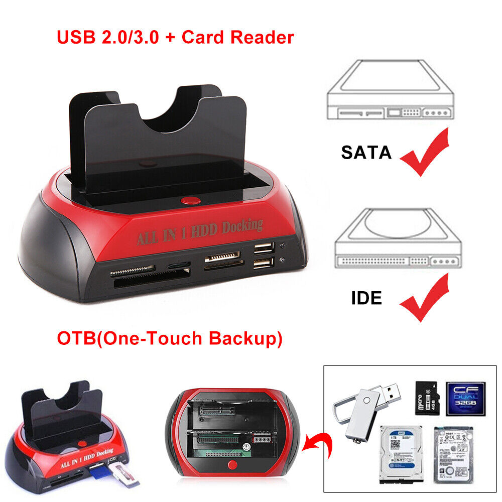 Hard Drives: All In One Docking Station USB Dual-Bay Hard Drive 2.5" 3.5" IDE SATA SSD Card Reader