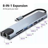 Computer Cables & Adapters: 8in1 Hub USB-C To Type-C USB 3.0 4K HDMI RJ45 Ethernet SD TF OTG PD Port Adapter