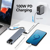 Computer Cables & Adapters: 8in1 Hub USB-C To Type-C USB 3.0 4K HDMI RJ45 Ethernet SD TF OTG PD Port Adapter