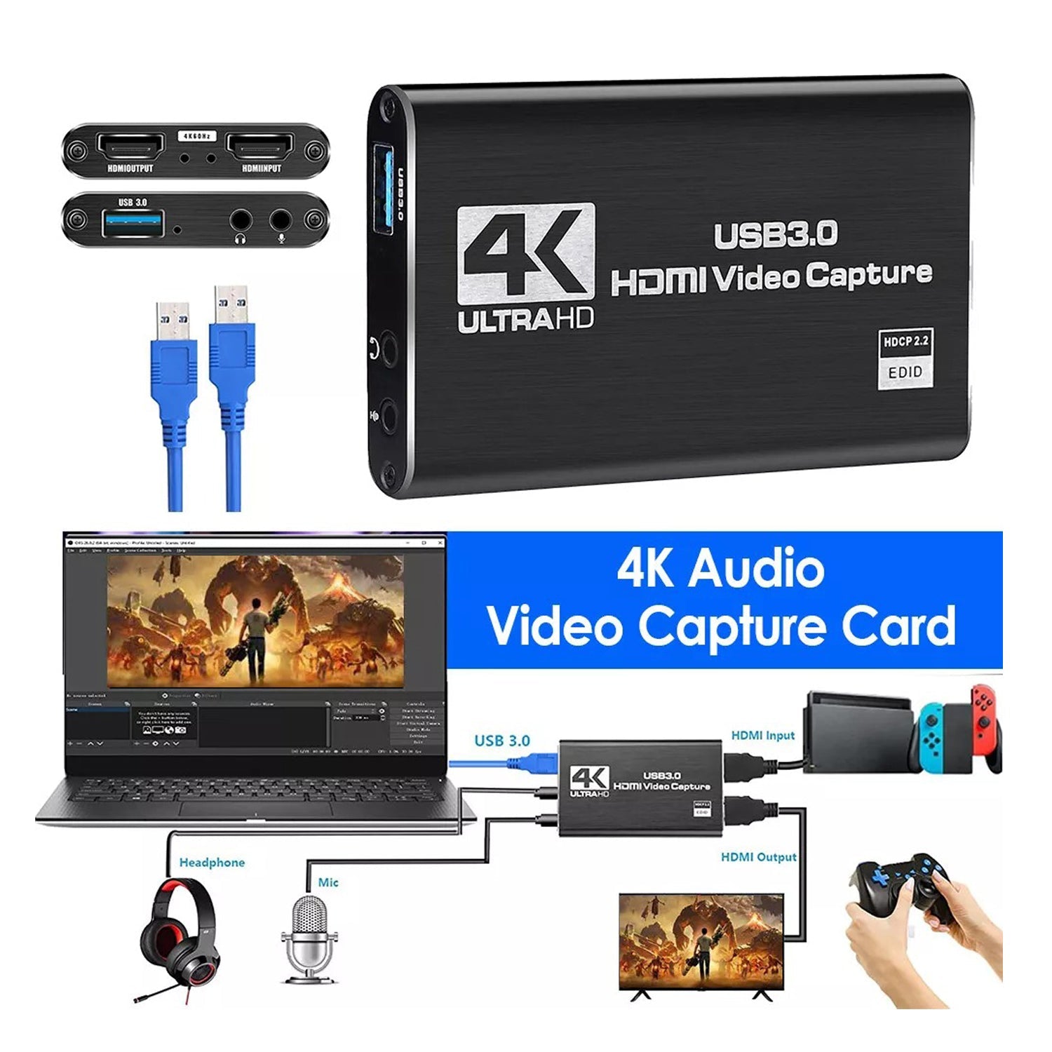 Audio Players & Recorders: 4K 1080P 60FPS HDMI to USB 3.0 Video Capture Card For PS4/PC/OBS Nintendo Switch