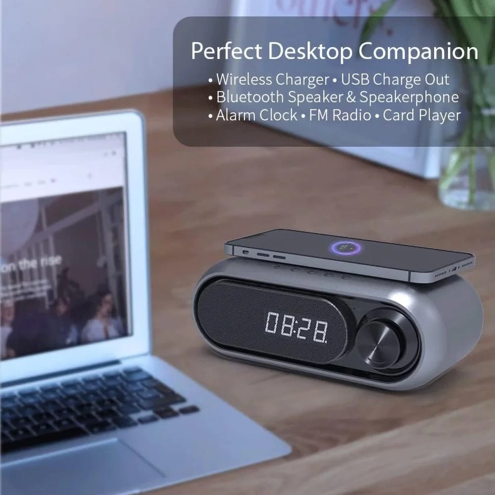Bluetooth Speaker with 15W Wireless Charger Digital Alarm Clocks FM Radio Music Player (Grey)