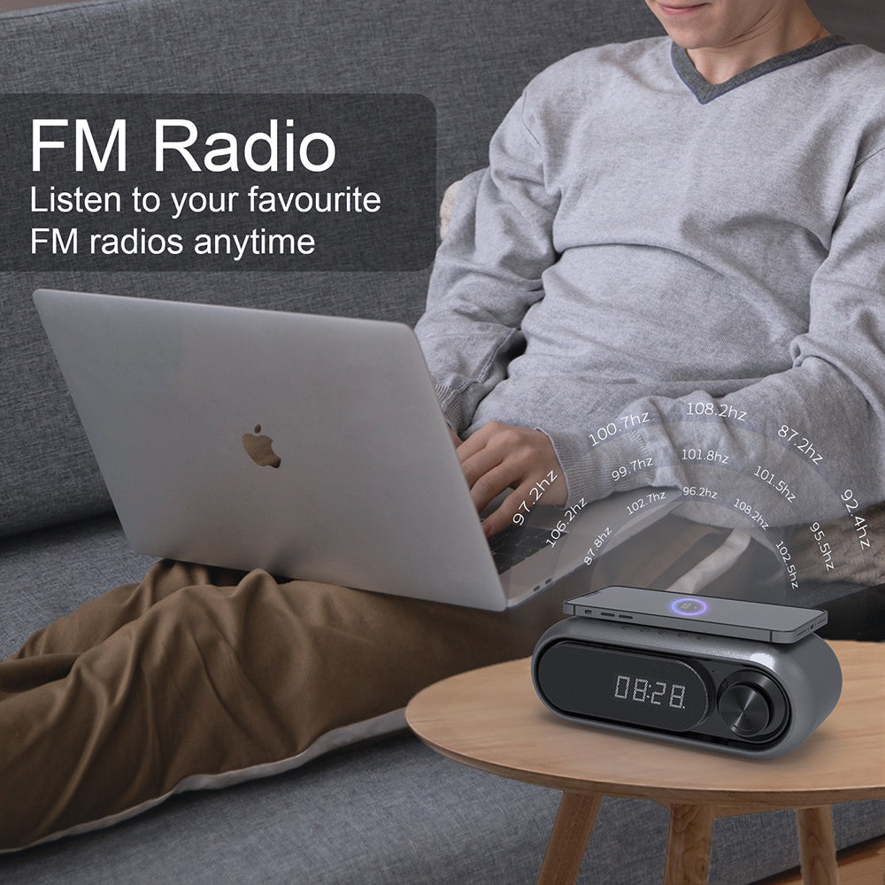 Bluetooth Speaker with 15W Wireless Charger Digital Alarm Clocks FM Radio Music Player (White)