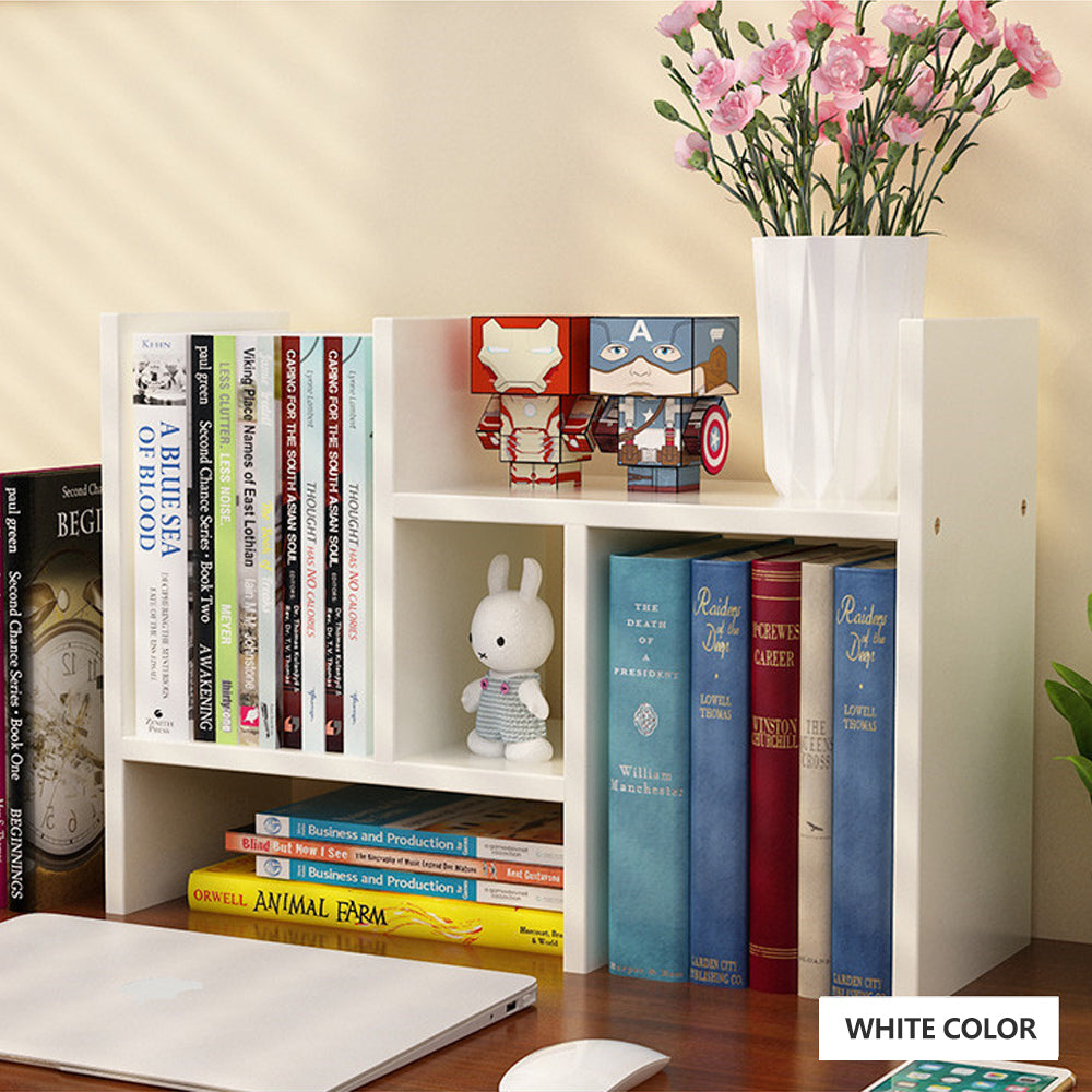 Desks: Resize-able Thick Wood Desktop Bookshelf Display Rack Unit(White)
