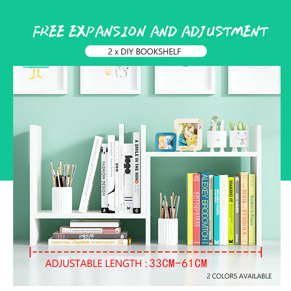 Desks: Resize-able Thick Wood Desktop Bookshelf Display Rack Unit(White)