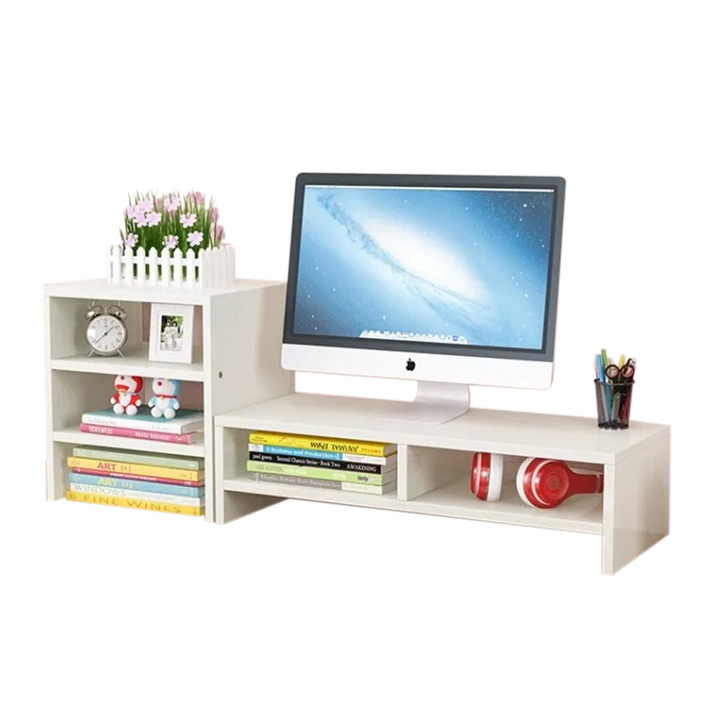 Bookcases & Shelves: Wooden Desk Monitor Riser Stand With 3Tier Storage Shelves Desktop Bookshelf(White Wood(Style 02))