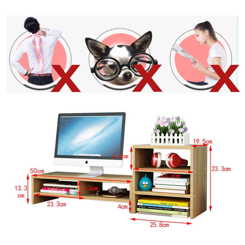 Bookcases & Shelves: Wooden Desk Monitor Riser Stand With 3Tier Storage Shelves Desktop Bookshelf(White Wood(Style 02))