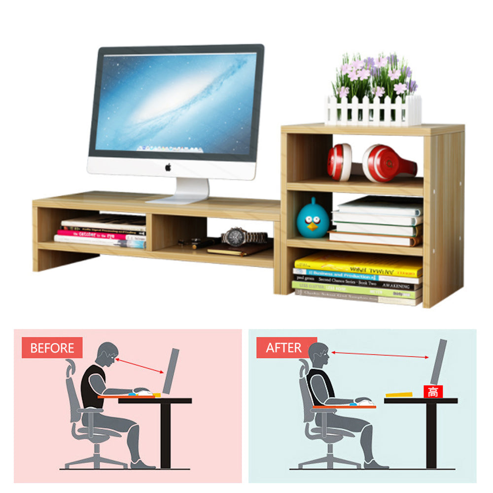 Bookcases & Shelves: Wooden Desk Monitor Riser Stand With 3Tier Storage Shelves Desktop Bookshelf(Walnut Wood(Style 02))