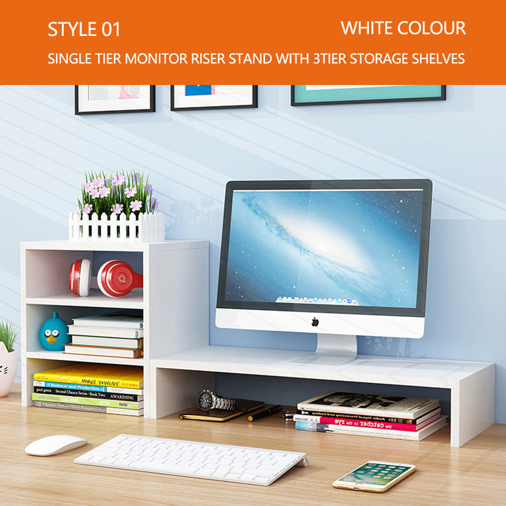 Bookcases & Shelves: Wooden Desk Monitor Riser Stand With 3Tier Storage Shelves Desktop Bookshelf(Walnut Wood(Style 02))