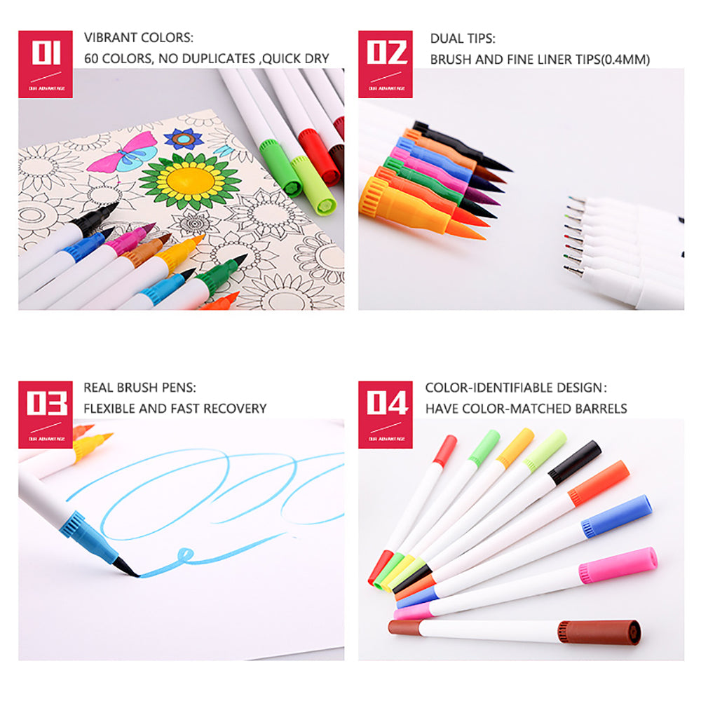 Pens & Pencils: 60 Unique Colors Double Head Acid- Free Non-Toxic Coloured Pens