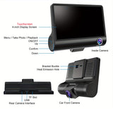 Security Cameras & Accessories: Front and Rear Triple Lens Dash Cam 1080P HD 4-inch touch screen wide-angle lens