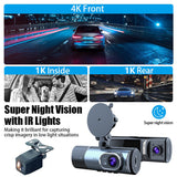 3 Channel 4K+1K+1K Dash Cam WiFi Car DVR Interior Cabin Camera Recorder with 32G Card