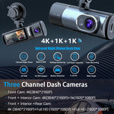 3 Channel 4K+1K+1K Dash Cam WiFi Car DVR Interior Cabin Camera Recorder with 32G Card