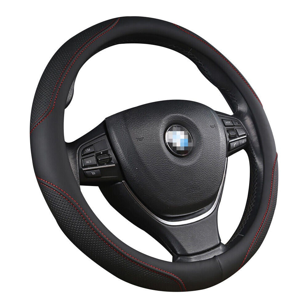 Automotive Decor: Universal Luxury Car 37-38cm Steering Wheel Cover PU Leather Non-slip Breathable (Black-red)