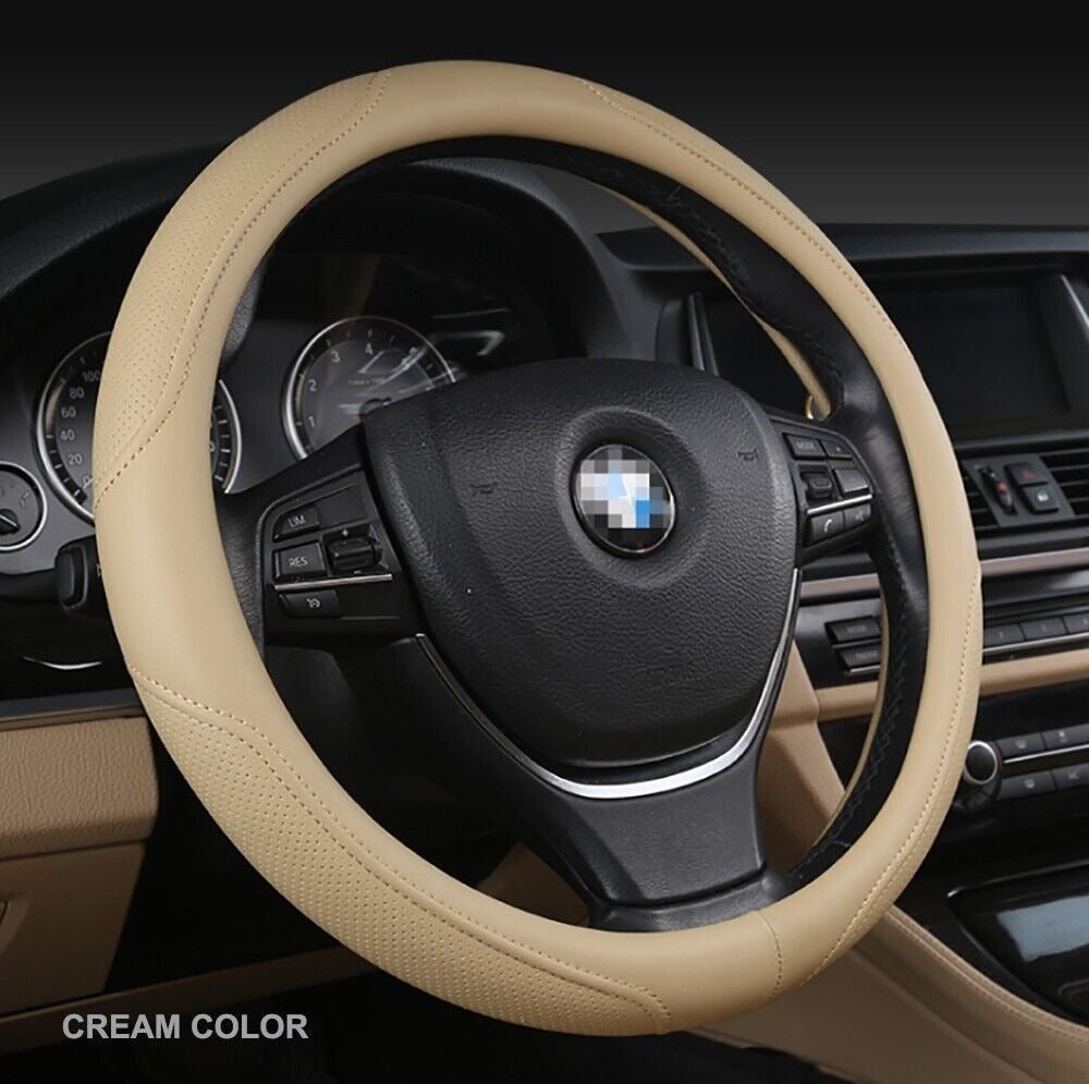 Automotive Decor: Universal Luxury Car 37-38cm Steering Wheel Cover PU Leather Non-slip Breathable (Cream)