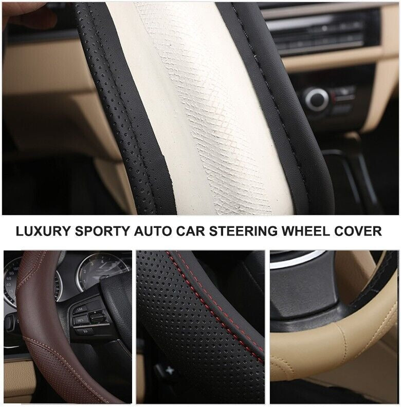 Automotive Decor: Universal Luxury Car 37-38cm Steering Wheel Cover PU Leather Non-slip Breathable (Cream)