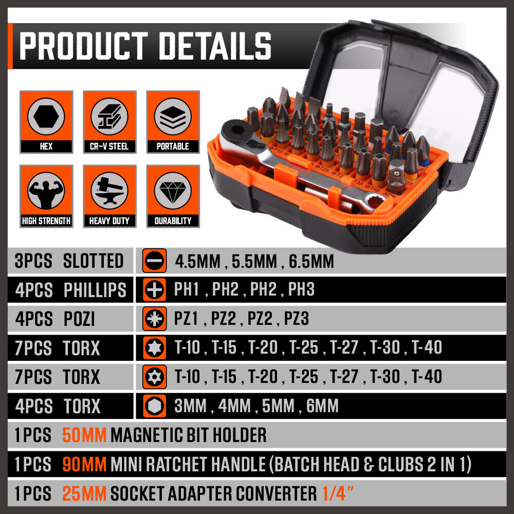 Outdoor Play Equipment: 32Piece 1/4" Mini Double Head Screwdriver Bit and Ratchet Set CRV Steel Durable