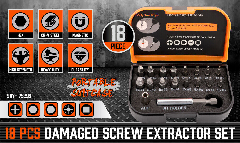 Screwdrivers: 18x Magnetic Damaged Screw Extractor Set Broken Drill Bit Remover Kit Hex Crv