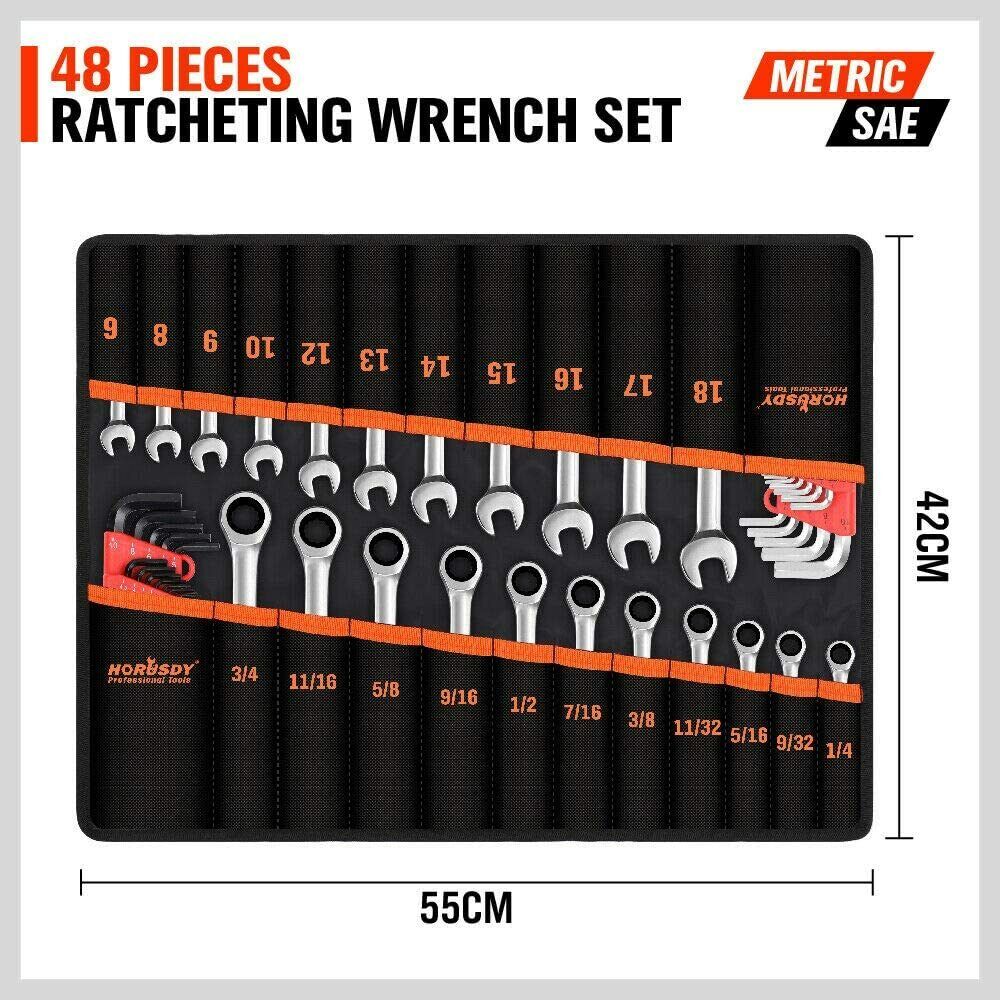 Door Hardware: 48-Piece Ratchet Wrench Set with Rolling Pouch - Metric SAE Allen Key & Hex Key Spanner Kit