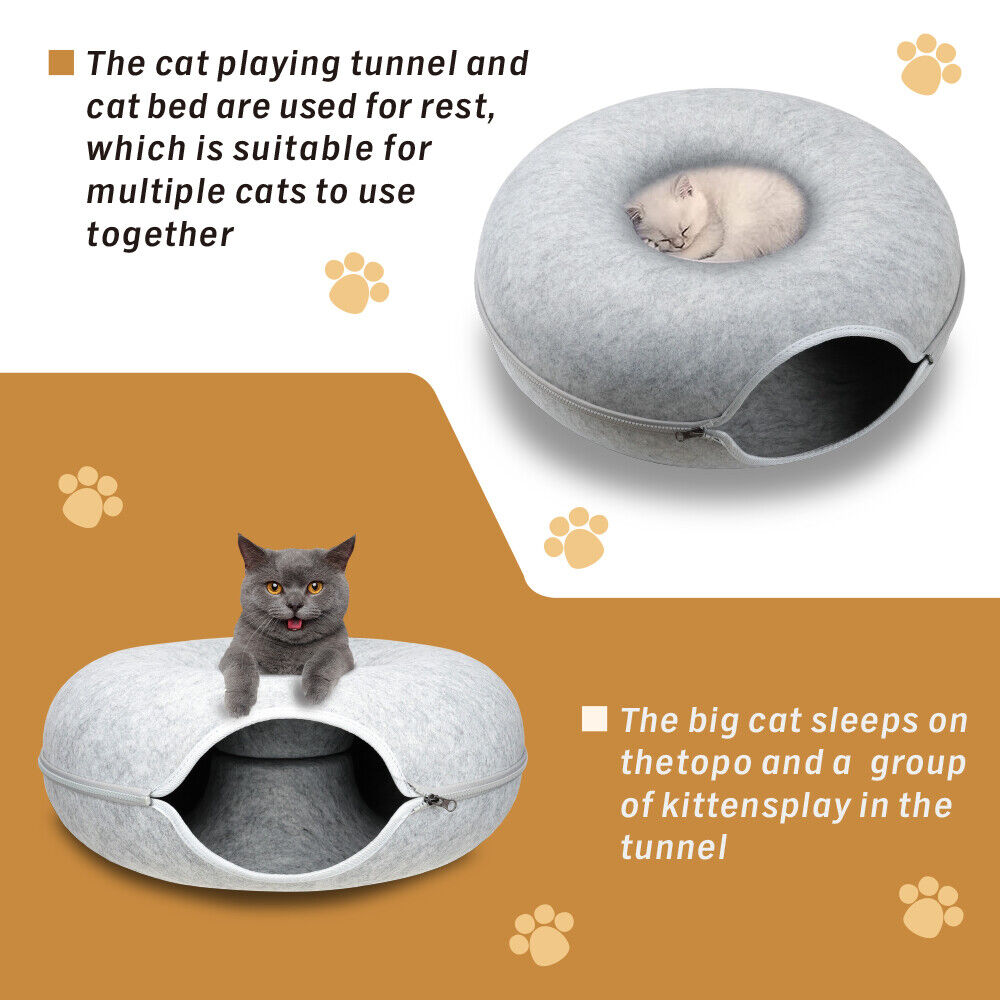Dog Beds: Medium Cat Tunnel Bed Light Grey Felt Pet Puppy Nest Cave House Interactive Toy