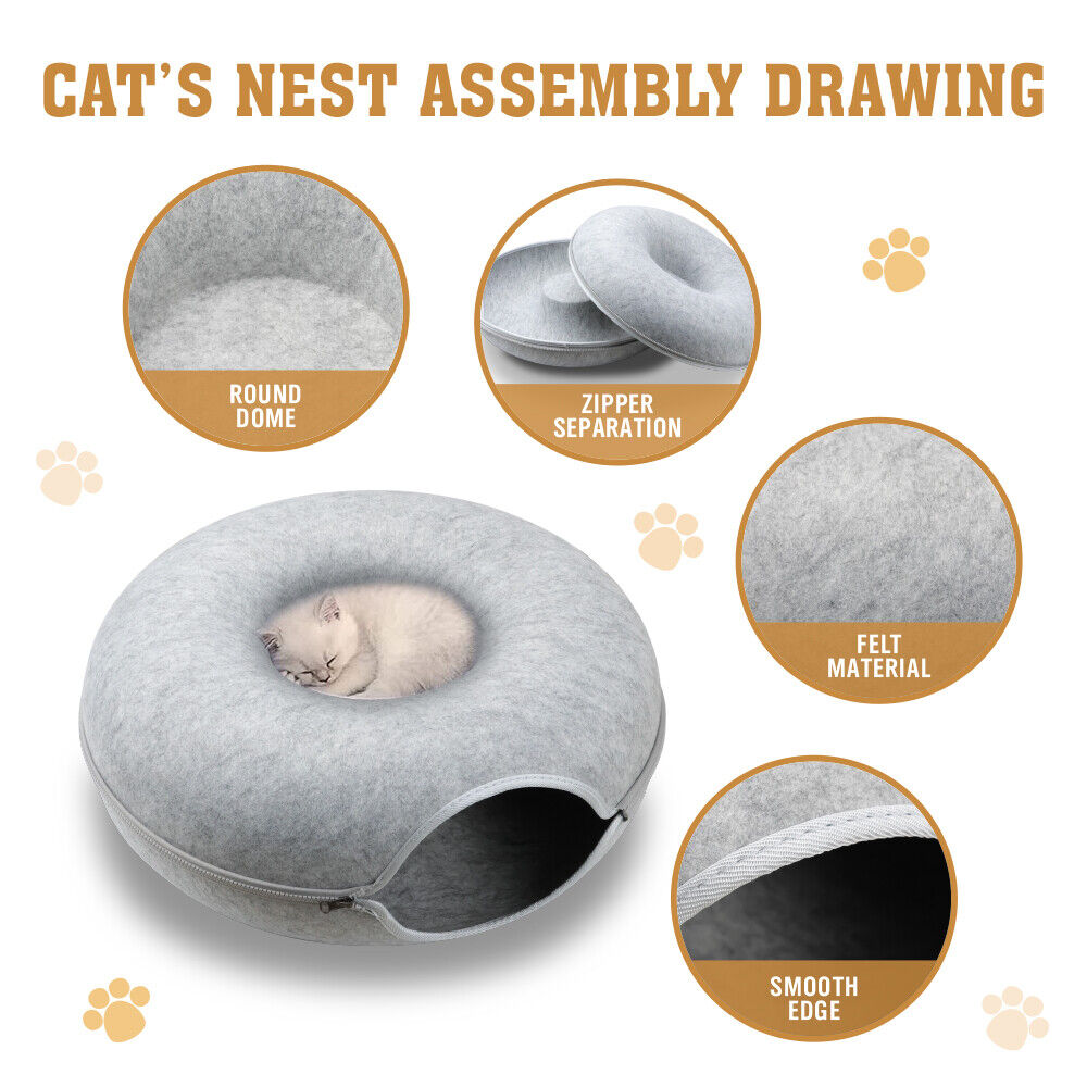 Dog Beds: Medium Cat Tunnel Bed Light Grey Felt Pet Puppy Nest Cave House Interactive Toy