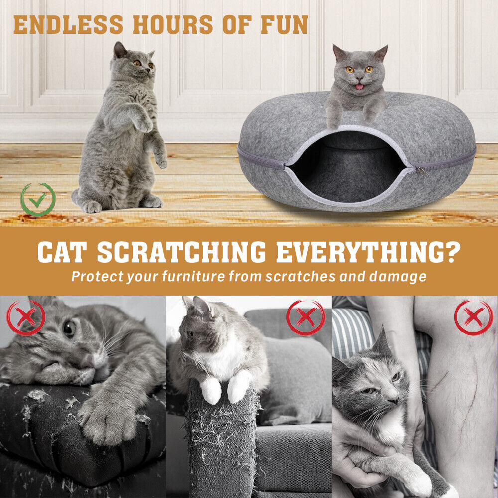 Dog Beds: Dark Grey Cat Tunnel Bed Felt Pet Puppy Nest Cave House Toy Washable Detachable