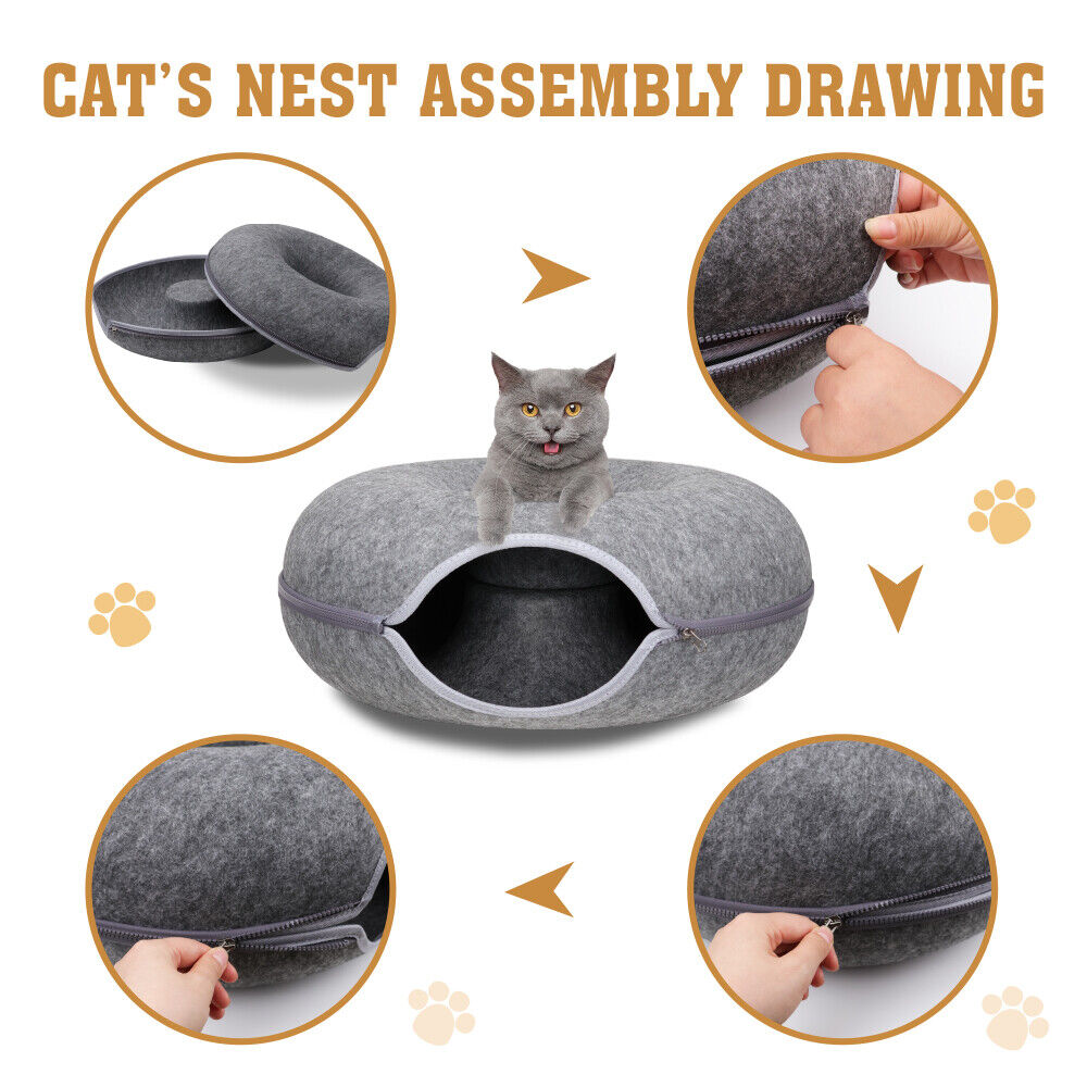 Dog Beds: Dark Grey Cat Tunnel Bed Felt Pet Puppy Nest Cave House Toy Washable Detachable