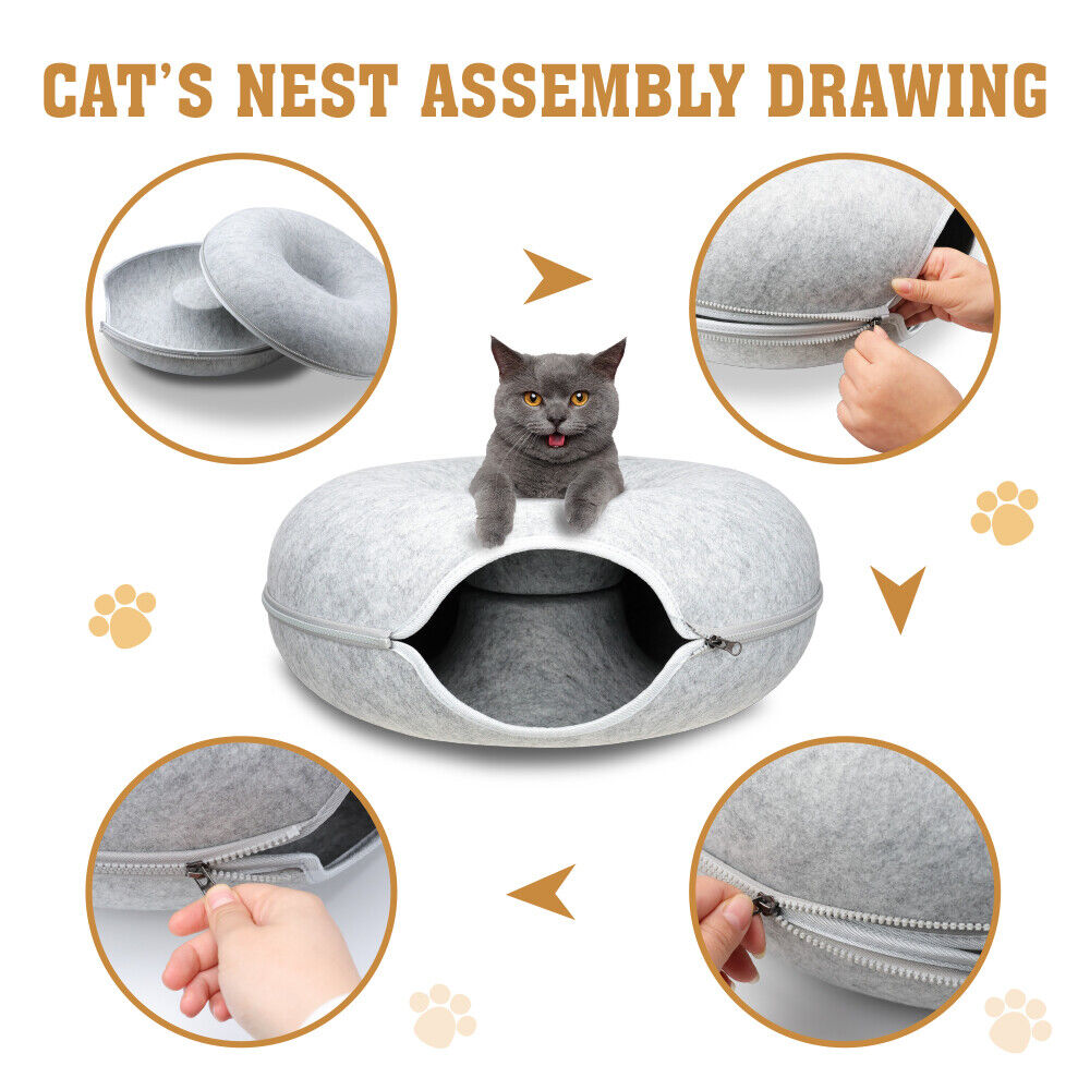 Dog Beds: 59 x 29cm Cat Tunnel Bed Dark Grey Felt Pet Puppy Nest Cave Toy Light Grey